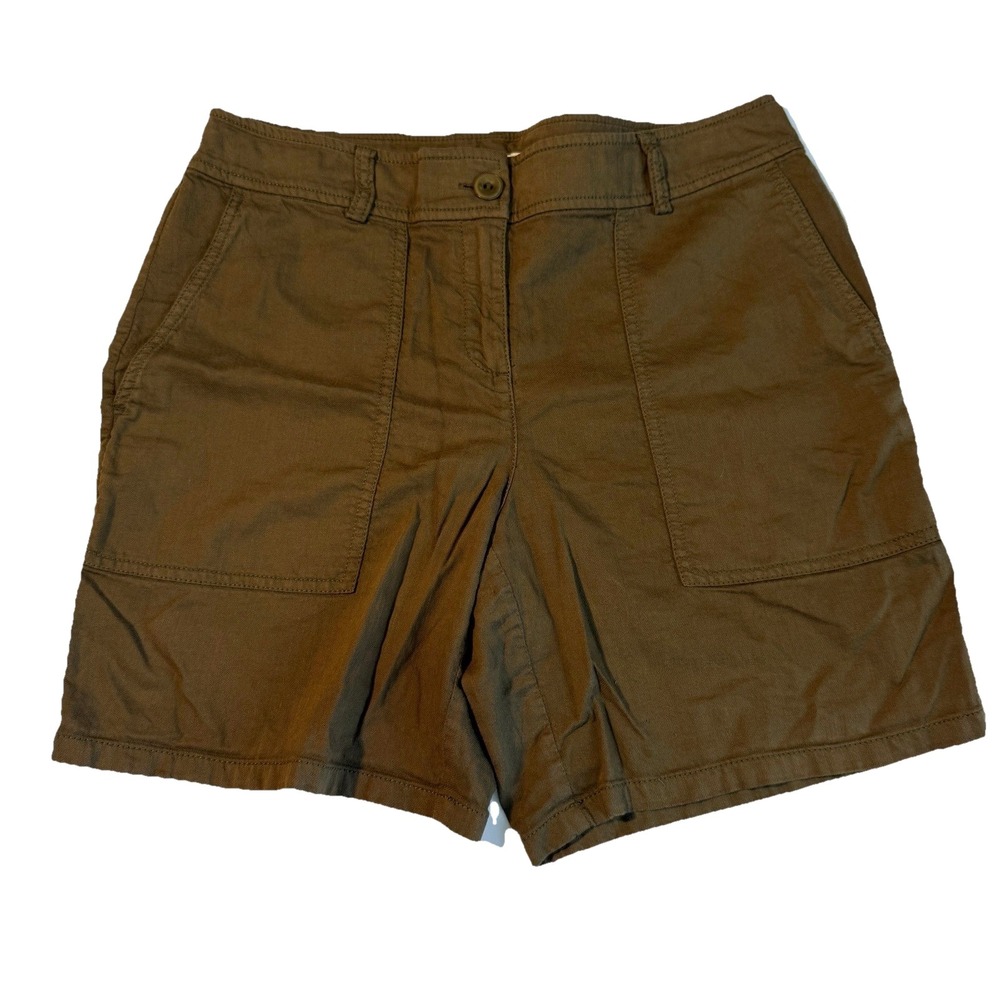 EILEEN FISHER Patch Pocket Shorts Olive Green 100% Organic Cotton Sz 4 Button Up